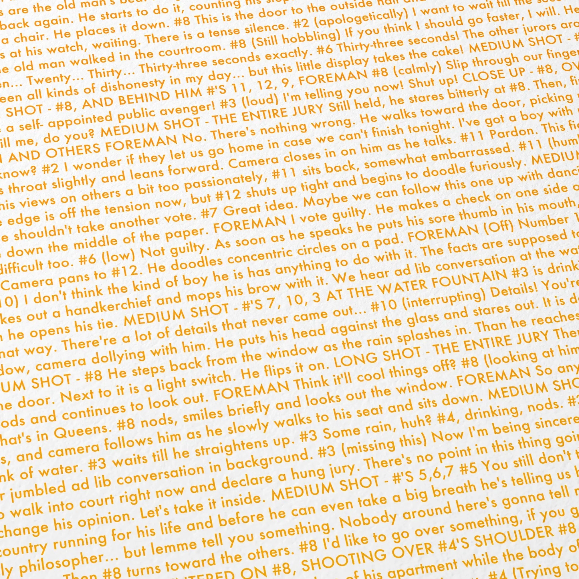 Close-up detail of the 12 Angry Men movie script poster showing dense typographic text.
