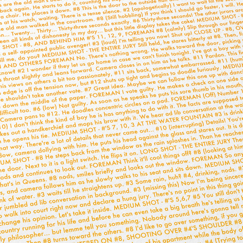 Close-up detail of the 12 Angry Men movie script poster showing dense typographic text.