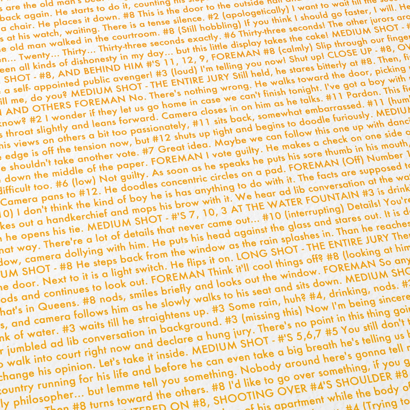 Close-up detail of the 12 Angry Men movie script poster showing dense typographic text.