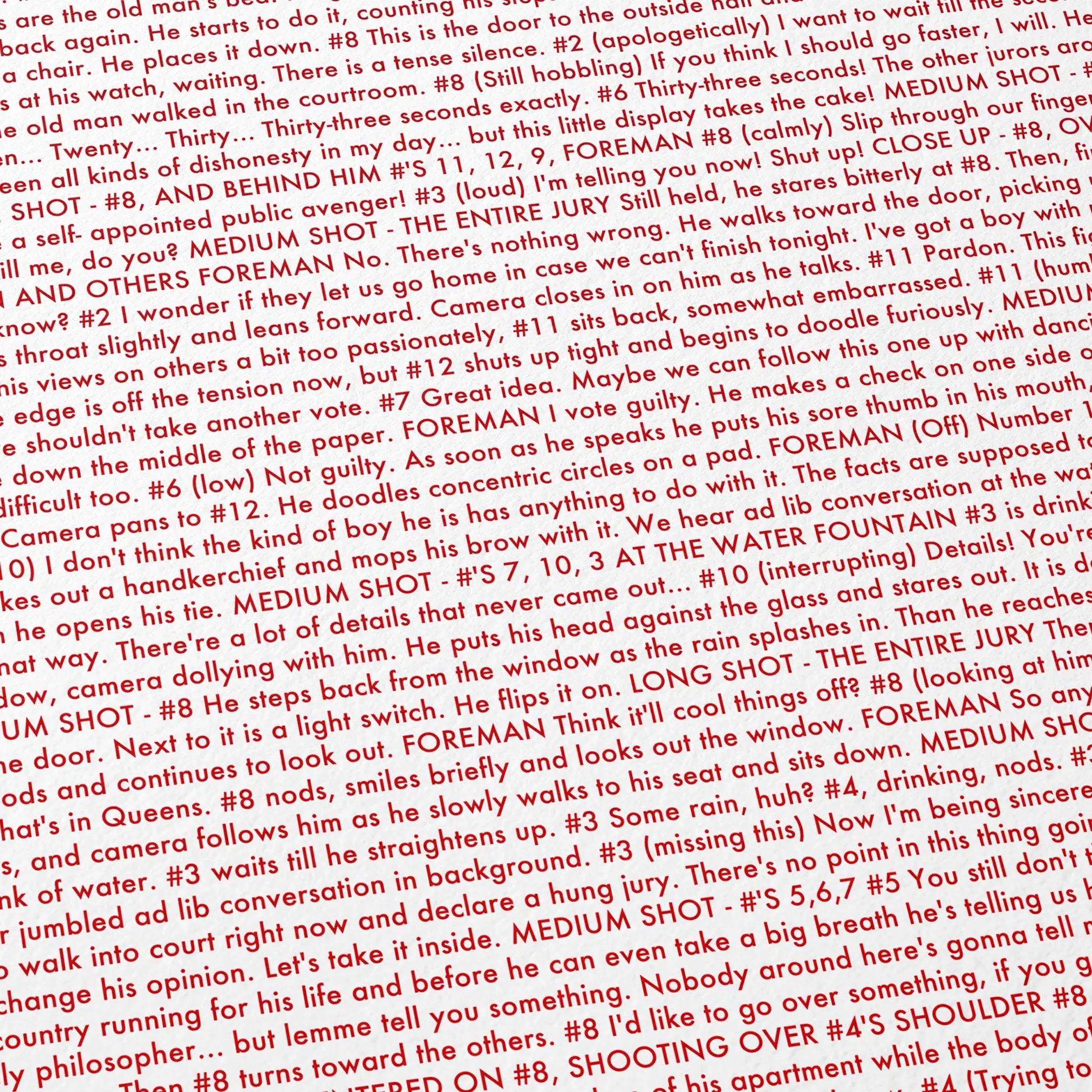 Close-up detail of the 12 Angry Men movie script poster showing dense typographic text.