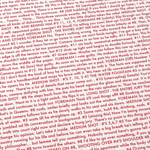 Close-up detail of the 12 Angry Men movie script poster showing dense typographic text.