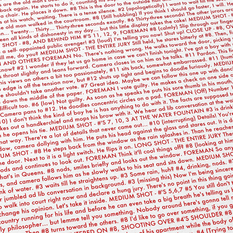 Close-up detail of the 12 Angry Men movie script poster showing dense typographic text.