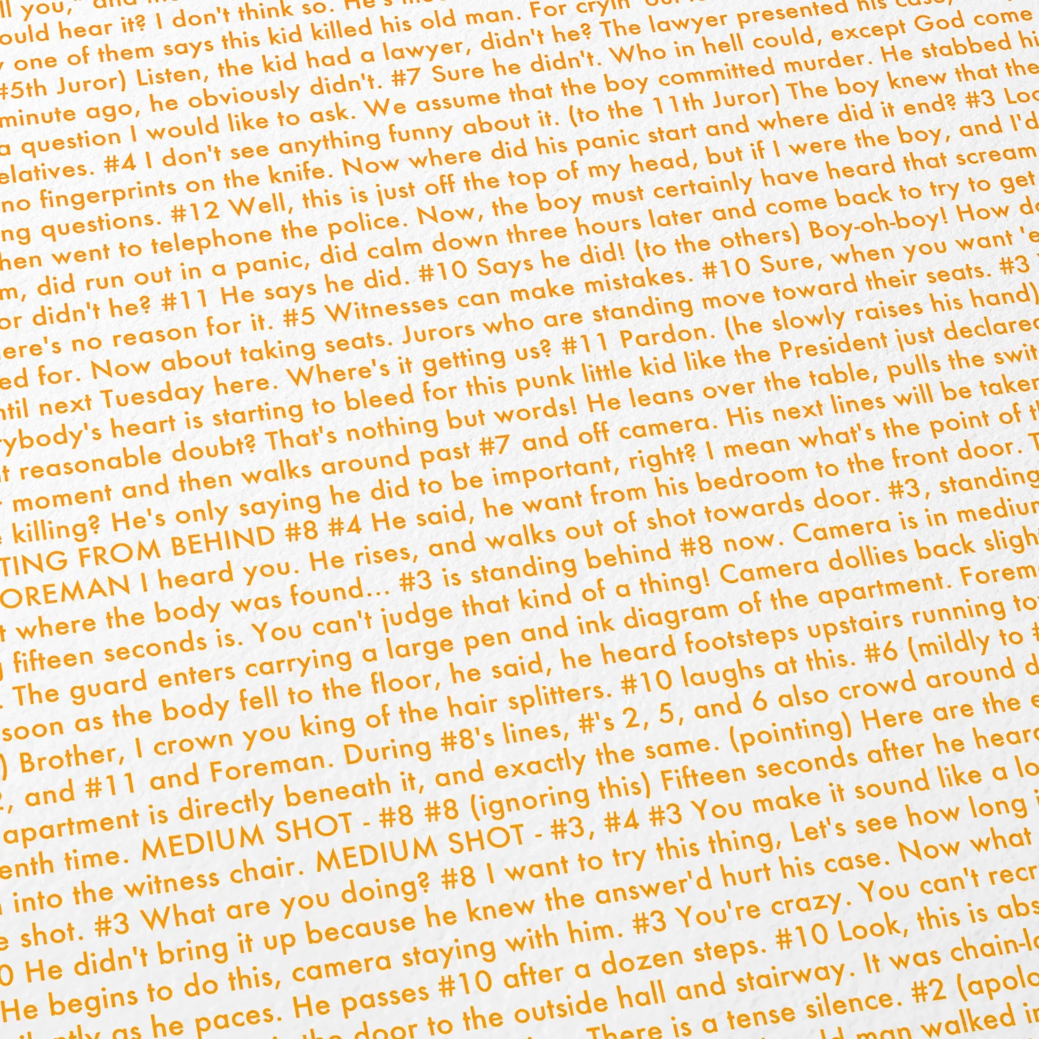 Close-up detail of the 12 Angry Men movie script poster showing dense typographic text.