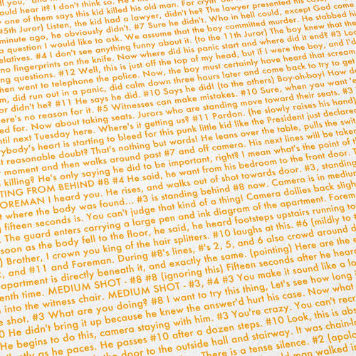 Close-up detail of the 12 Angry Men movie script poster showing dense typographic text.