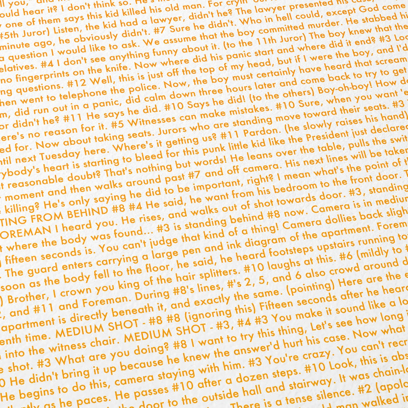 Close-up detail of the 12 Angry Men movie script poster showing dense typographic text.