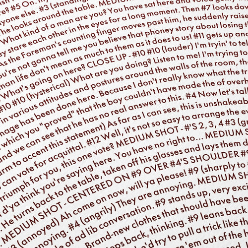 12 Angry Men script text on a white background with red text