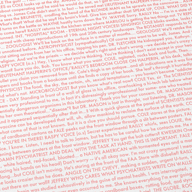 Close-up detail of the 12 Monkeys movie script poster showing dense typographic text.