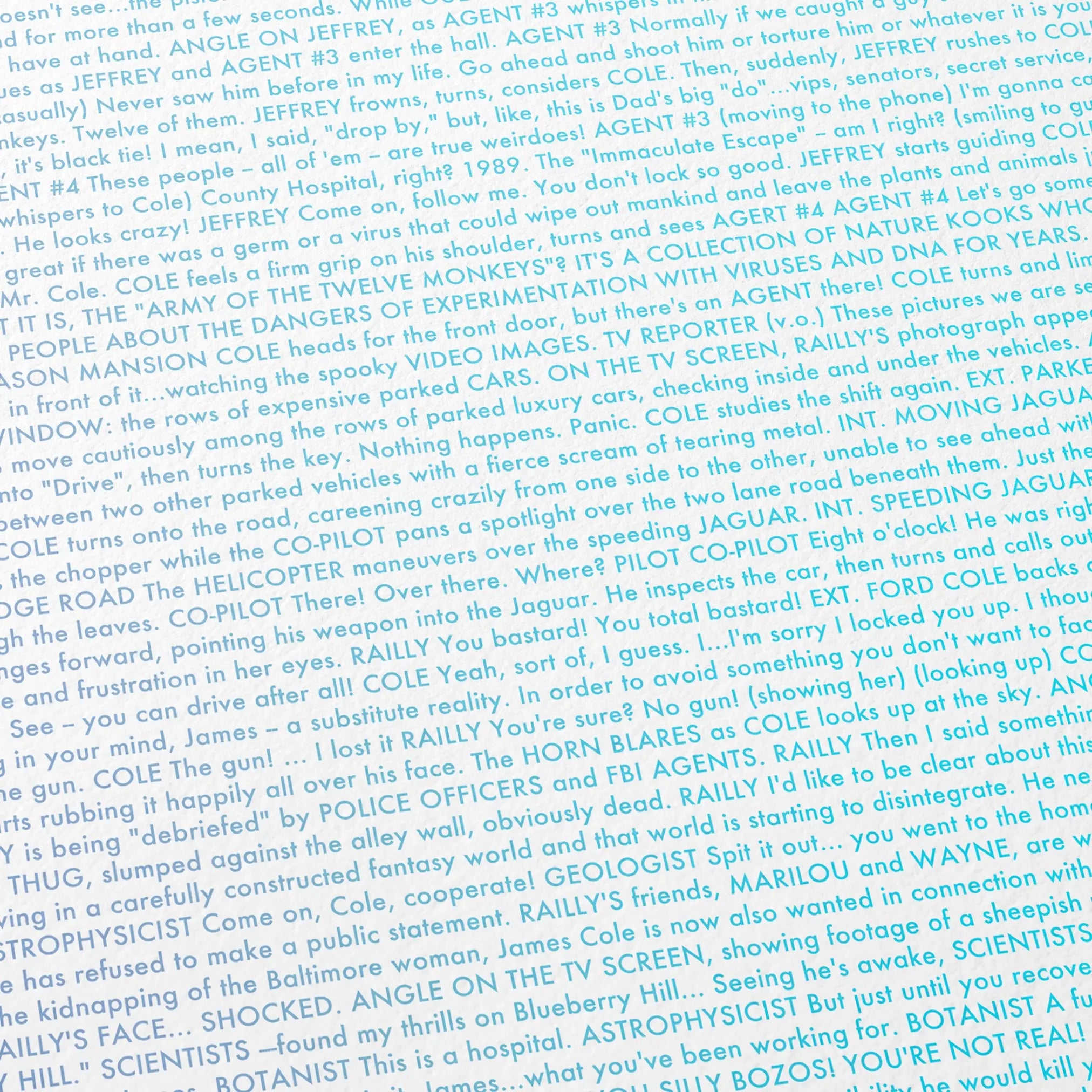 Close-up detail of the 12 Monkeys movie script poster showing dense typographic text.