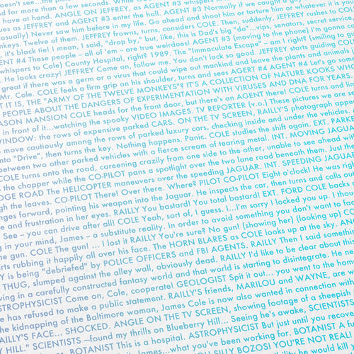 Close-up detail of the 12 Monkeys movie script poster showing dense typographic text.