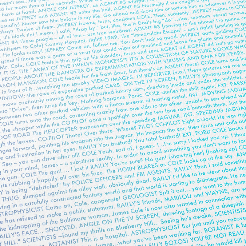 Close-up detail of the 12 Monkeys movie script poster showing dense typographic text.
