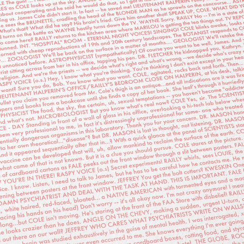 Close-up detail of the 12 Monkeys movie script poster showing dense typographic text.