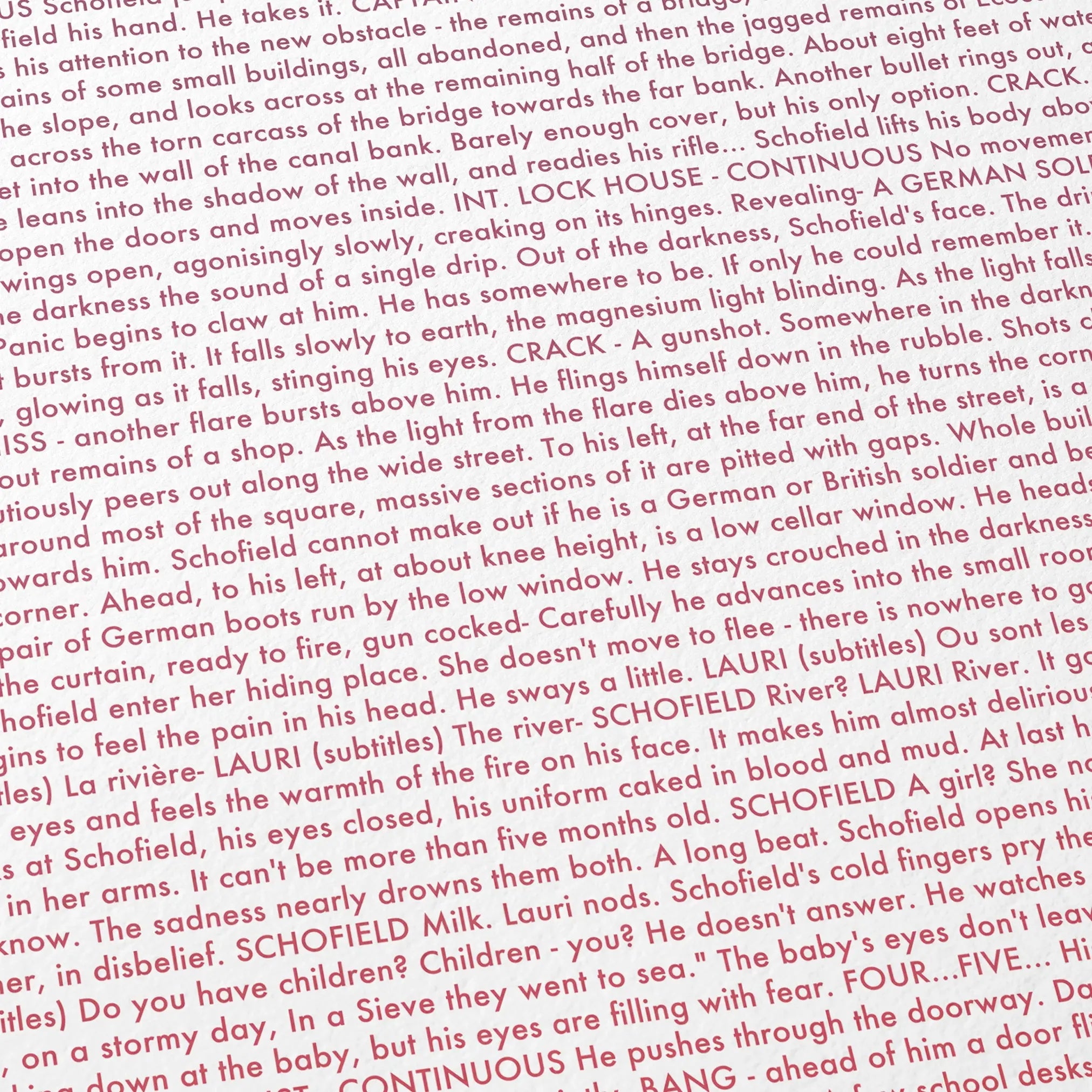 Close-up detail of the 1917 movie script poster showing dense typographic text.