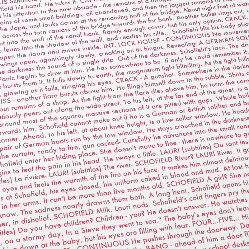 Close-up detail of the 1917 movie script poster showing dense typographic text.