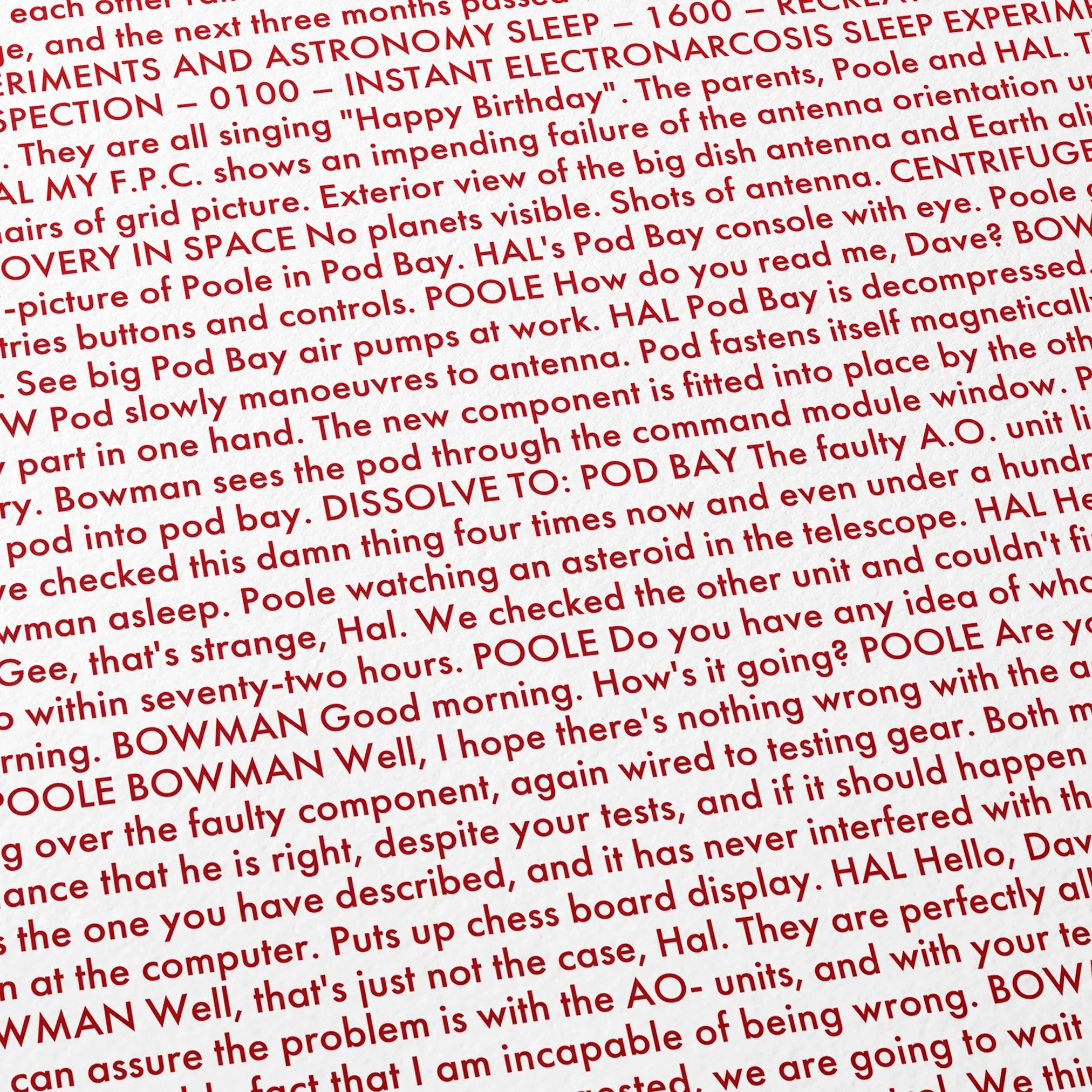 Close-up detail of the 2001: A Space Odyssey movie script poster showing dense typographic text.