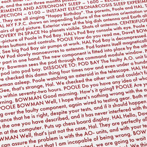Close-up detail of the 2001: A Space Odyssey movie script poster showing dense typographic text.
