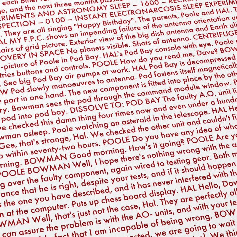 Close-up detail of the 2001: A Space Odyssey movie script poster showing dense typographic text.