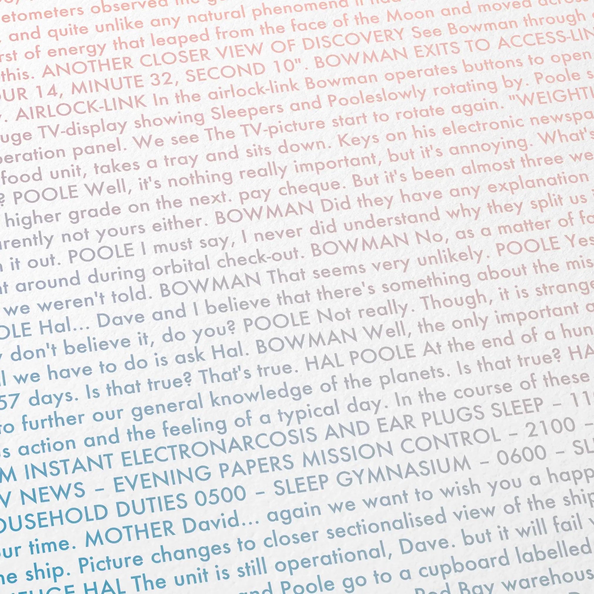 Close-up detail of the 2001: A Space Odyssey movie script poster showing dense typographic text.
