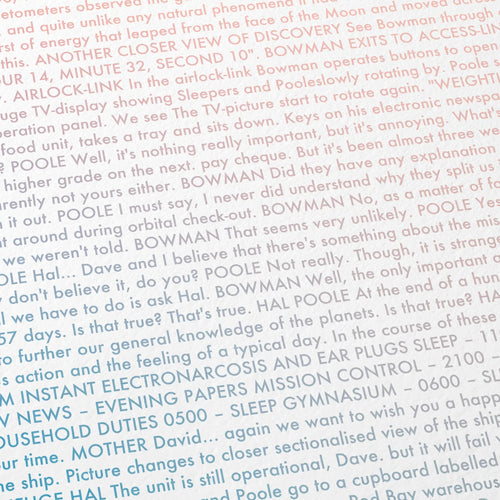 Close-up detail of the 2001: A Space Odyssey movie script poster showing dense typographic text.