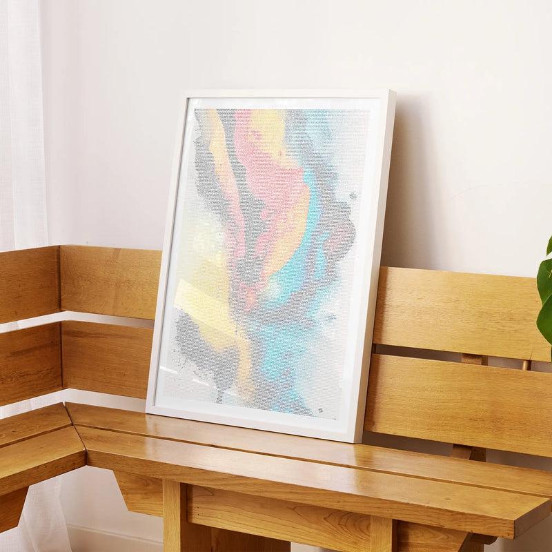 A framed 2001: A Space Odyssey movie script poster displayed on a sideboard in a contemporary space.
