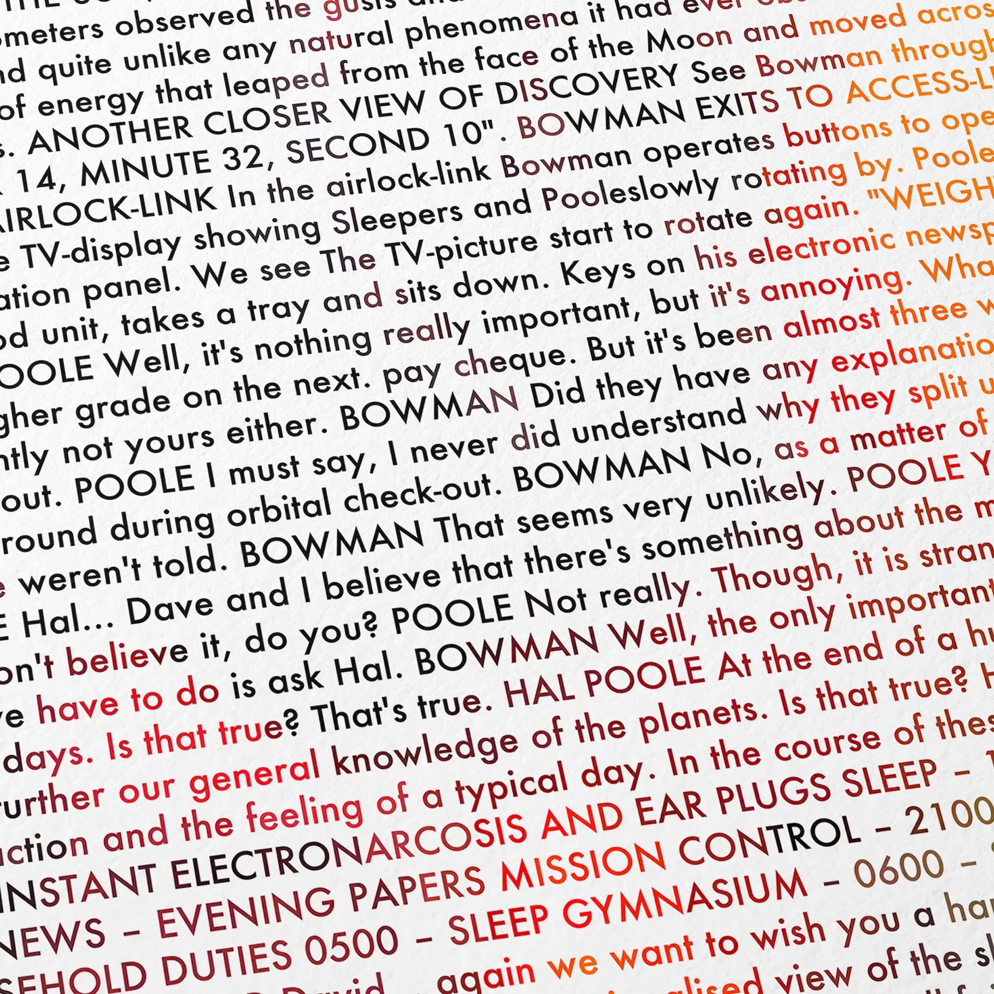 Close-up detail of the 2001: A Space Odyssey movie script poster showing dense typographic text.