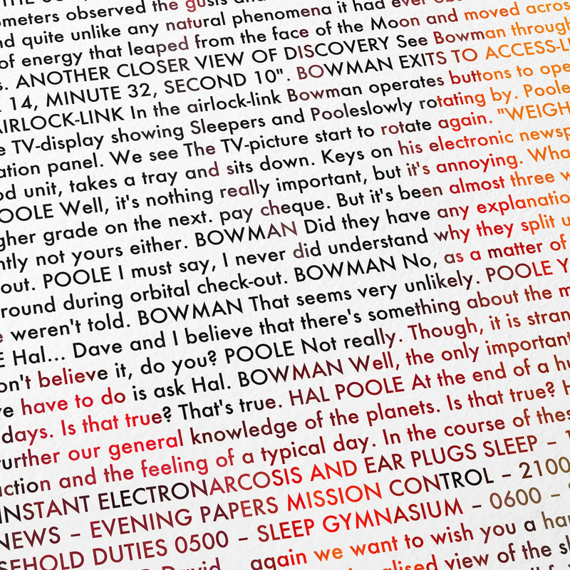 Close-up detail of the 2001: A Space Odyssey movie script poster showing dense typographic text.