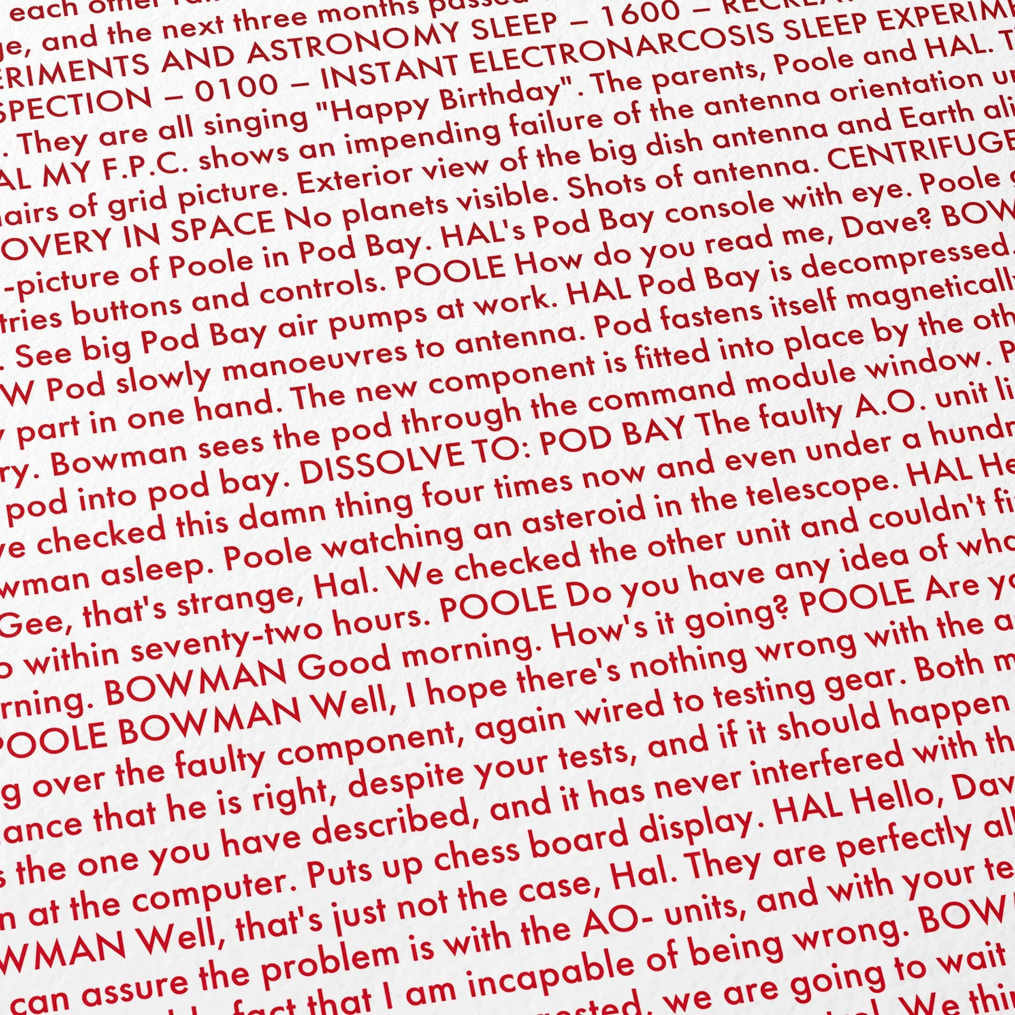 Close-up detail of the 2001: A Space Odyssey movie script poster showing dense typographic text.