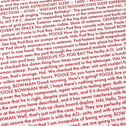 Close-up detail of the 2001: A Space Odyssey movie script poster showing dense typographic text.