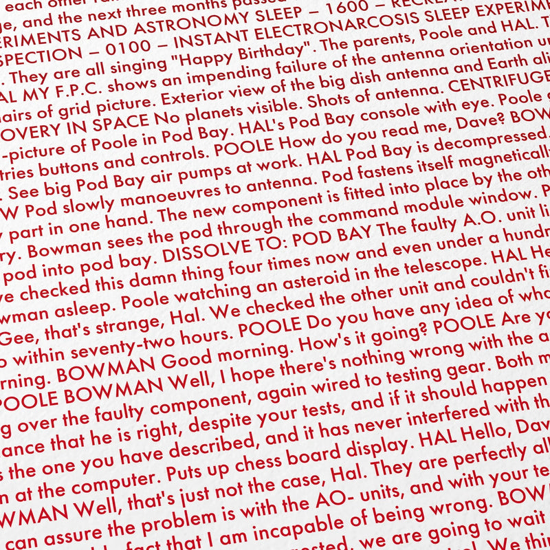 Close-up detail of the 2001: A Space Odyssey movie script poster showing dense typographic text.