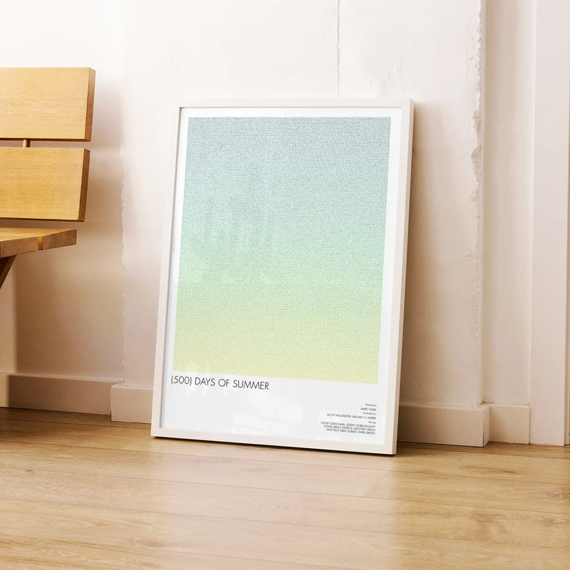 A framed 500 Days of Summer movie script poster leaning against a wall in a modern interior.