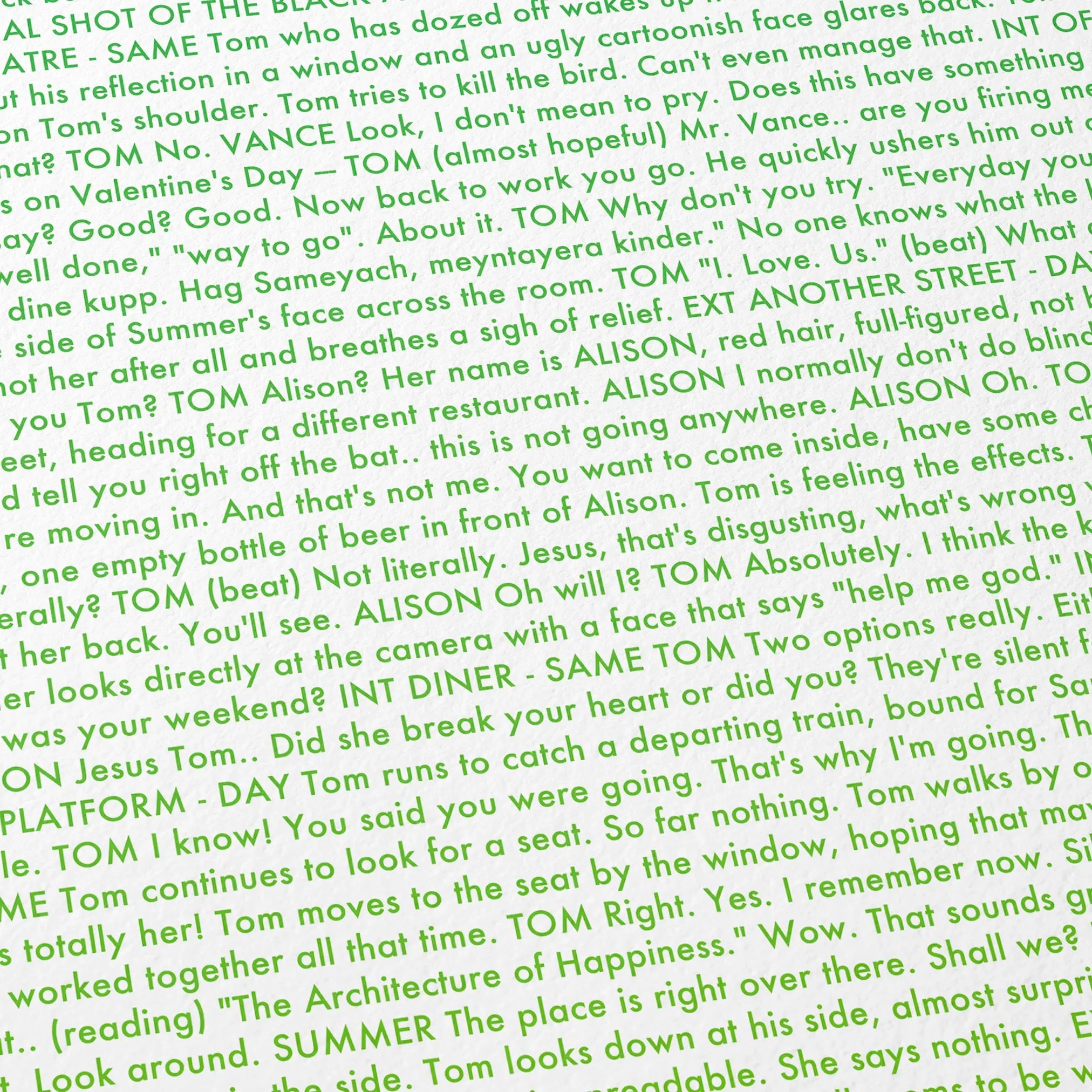 Close-up detail of the 500 Days of Summer movie script poster showing dense typographic text.