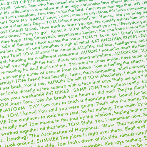 Close-up detail of the 500 Days of Summer movie script poster showing dense typographic text.