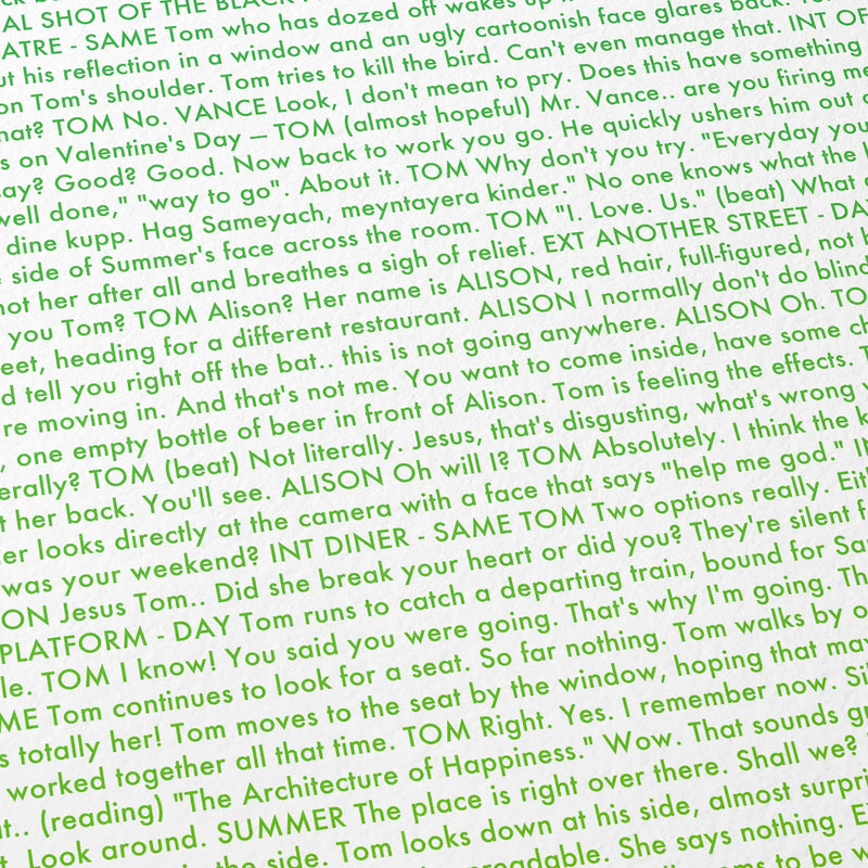 Close-up detail of the 500 Days of Summer movie script poster showing dense typographic text.