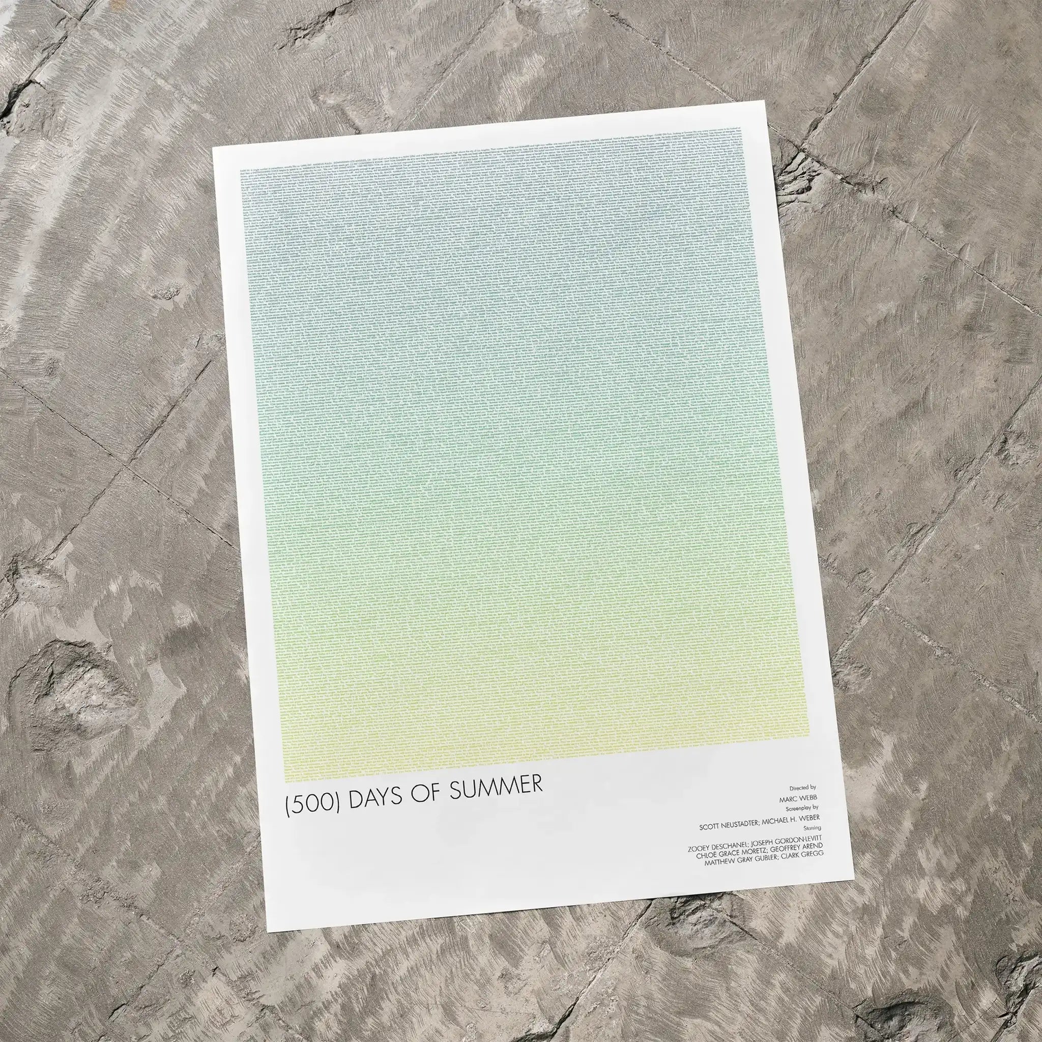 A 500 Days of Summer movie script poster laid flat on a textured floor surface.
