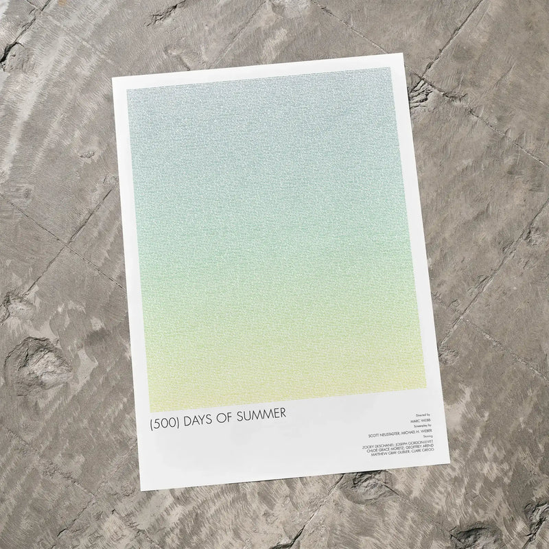 A 500 Days of Summer movie script poster laid flat on a textured floor surface.