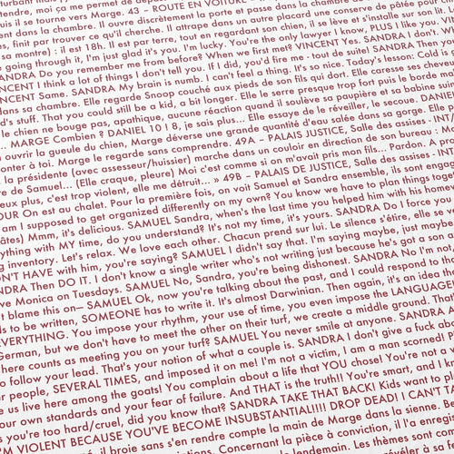 Close-up detail of the Anatomie d'une chute movie script poster showing dense typographic text.