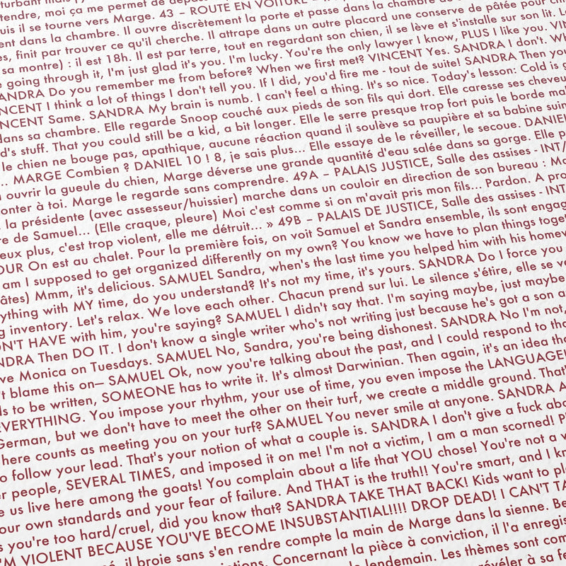 Close-up detail of the Anatomie d'une chute movie script poster showing dense typographic text.