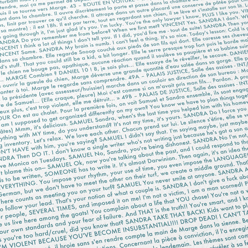 Close-up detail of the Anatomie d'une chute movie script poster showing dense typographic text.