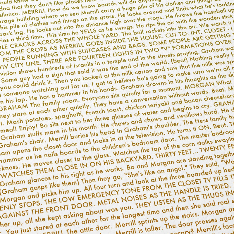 Close-up detail of the Signs movie script poster showing dense typographic text.