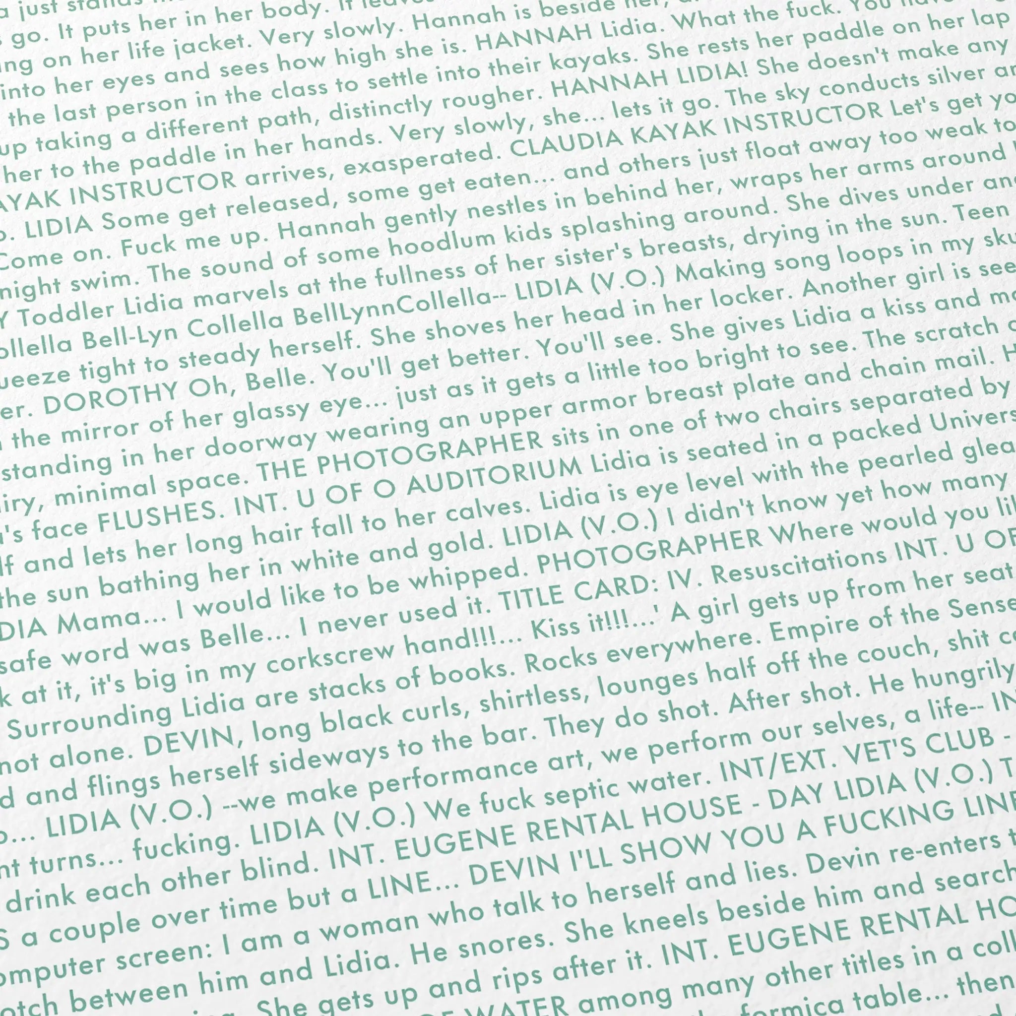 Text from a screenplay with various characters and dialogue.