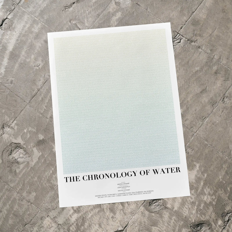 Poster titled 'The Chronology of Water' on a textured gray surface