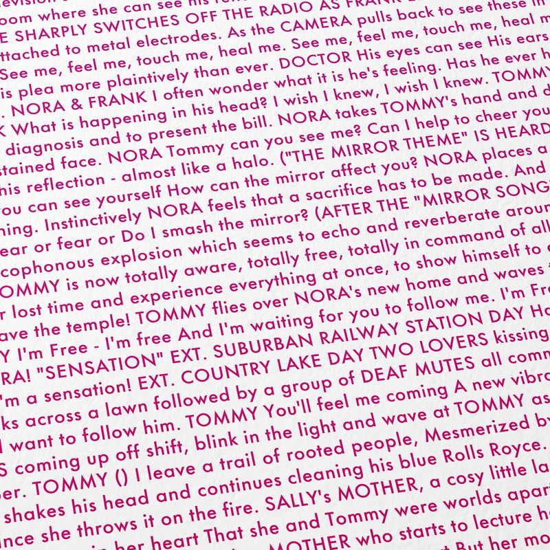 Close-up detail of the Tommy movie script poster showing dense typographic text.