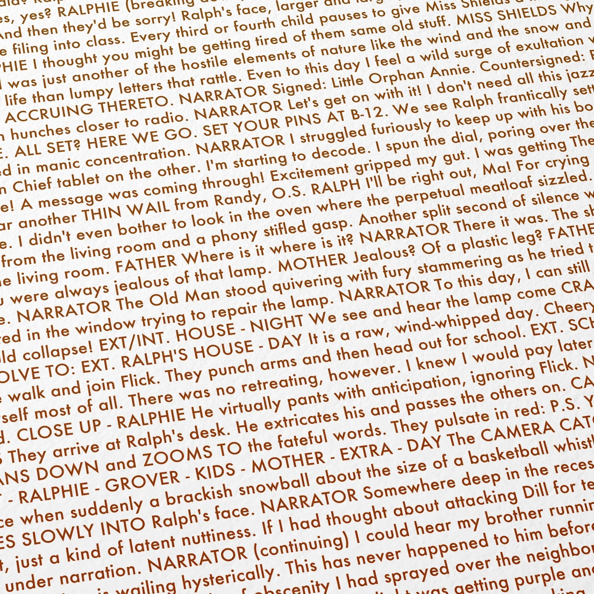 Close-up detail of the A Christmas Story movie script poster showing dense typographic text.