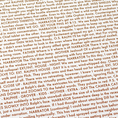 Close-up detail of the A Christmas Story movie script poster showing dense typographic text.