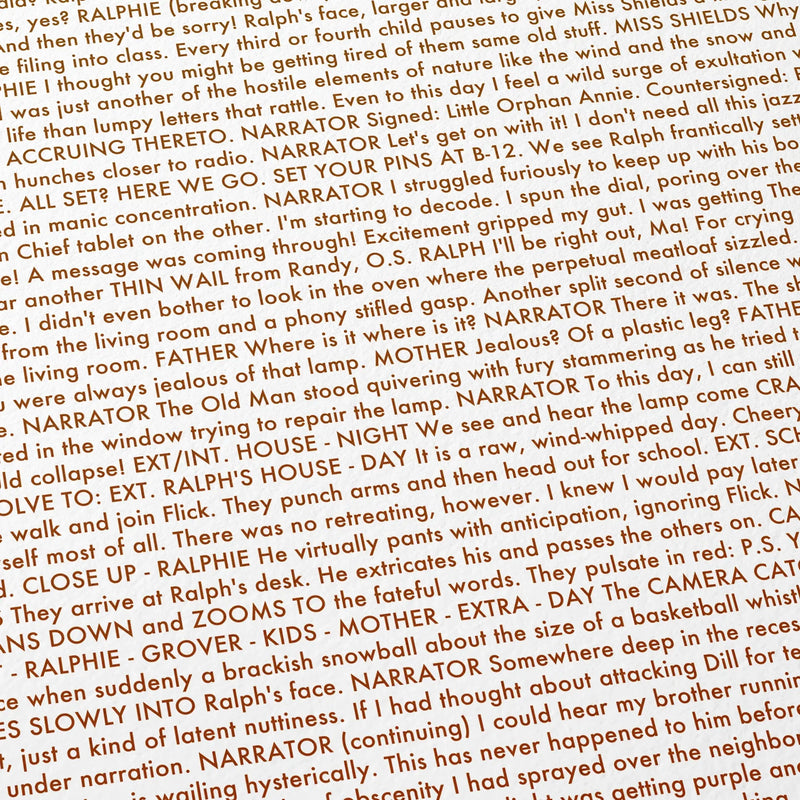 Close-up detail of the A Christmas Story movie script poster showing dense typographic text.