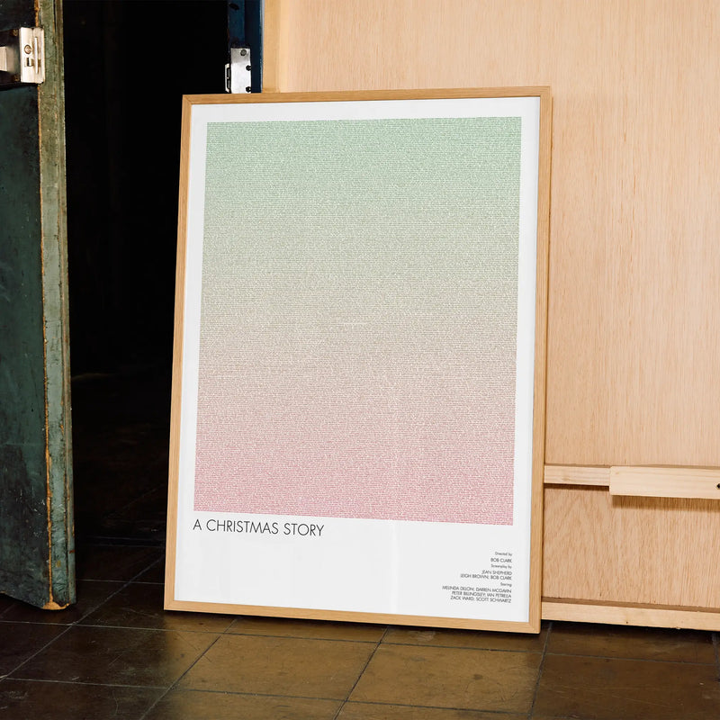 A framed A Christmas Story movie script poster displayed in a contemporary interior setting.