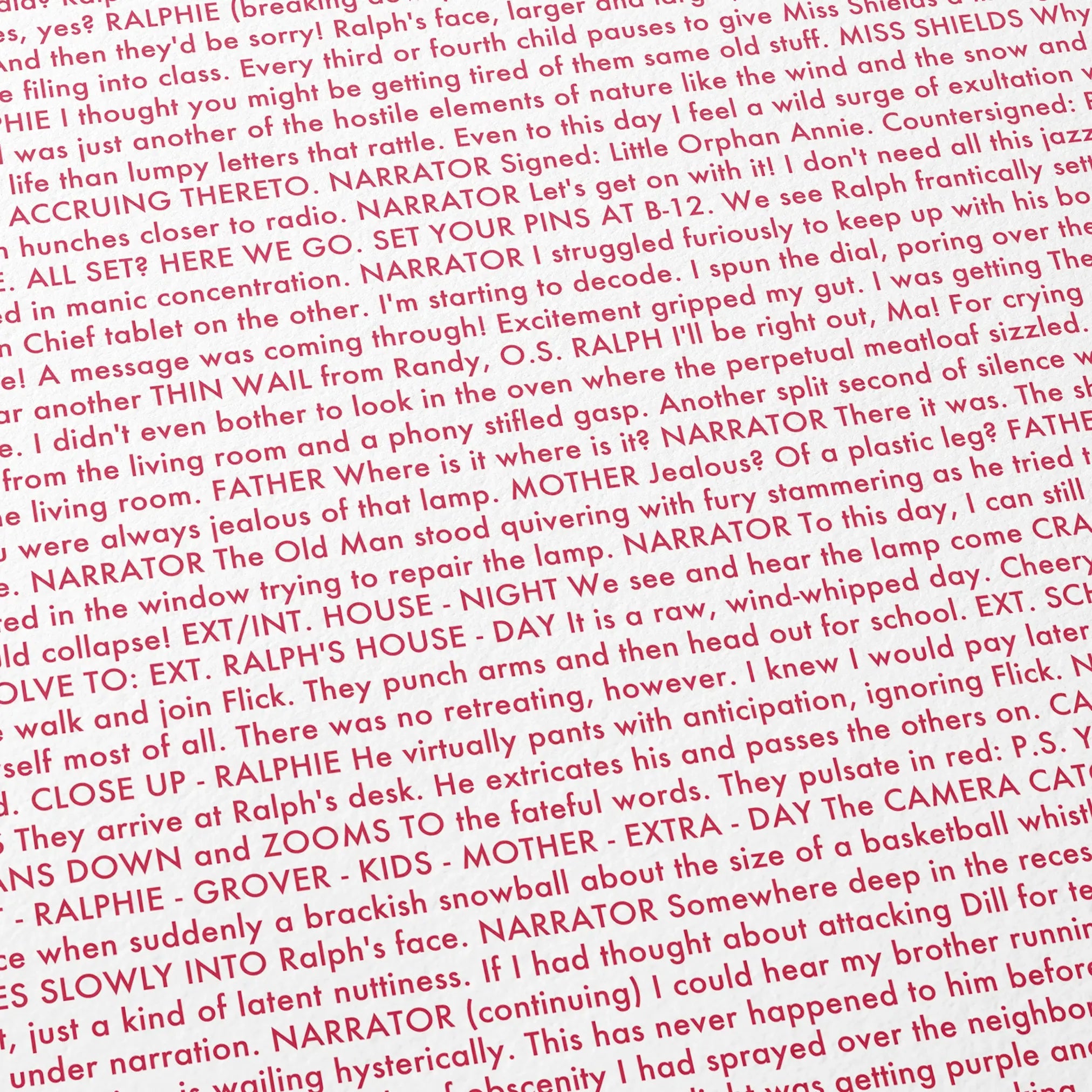 Close-up detail of the A Christmas Story movie script poster showing dense typographic text.