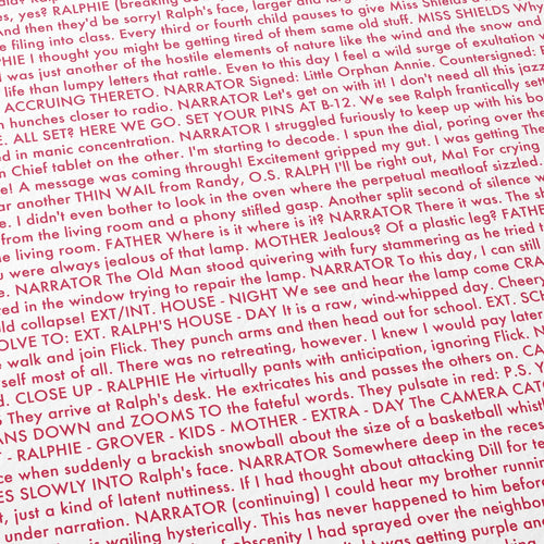 Close-up detail of the A Christmas Story movie script poster showing dense typographic text.