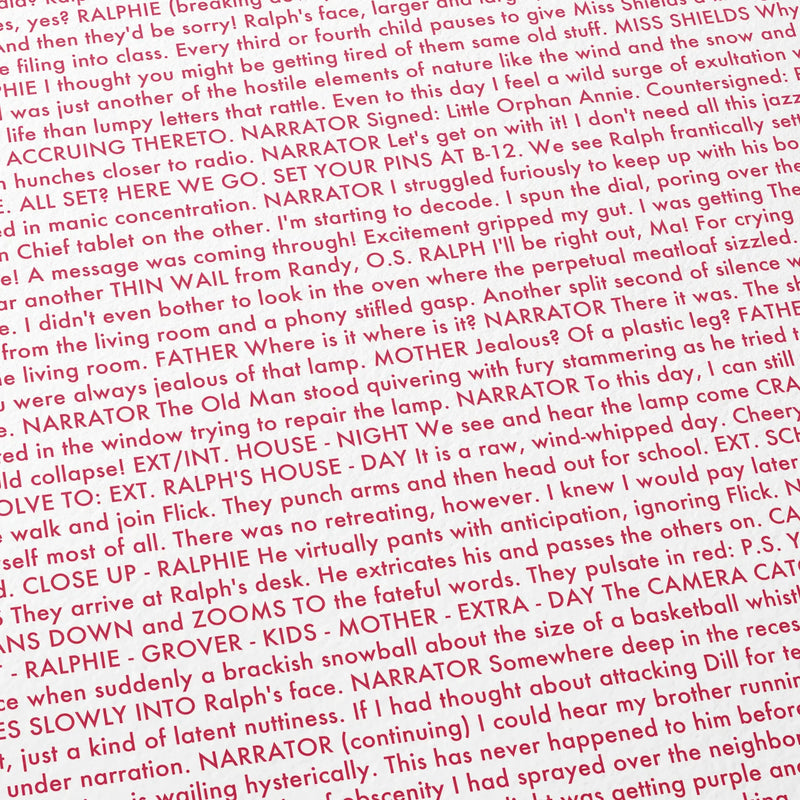 Close-up detail of the A Christmas Story movie script poster showing dense typographic text.
