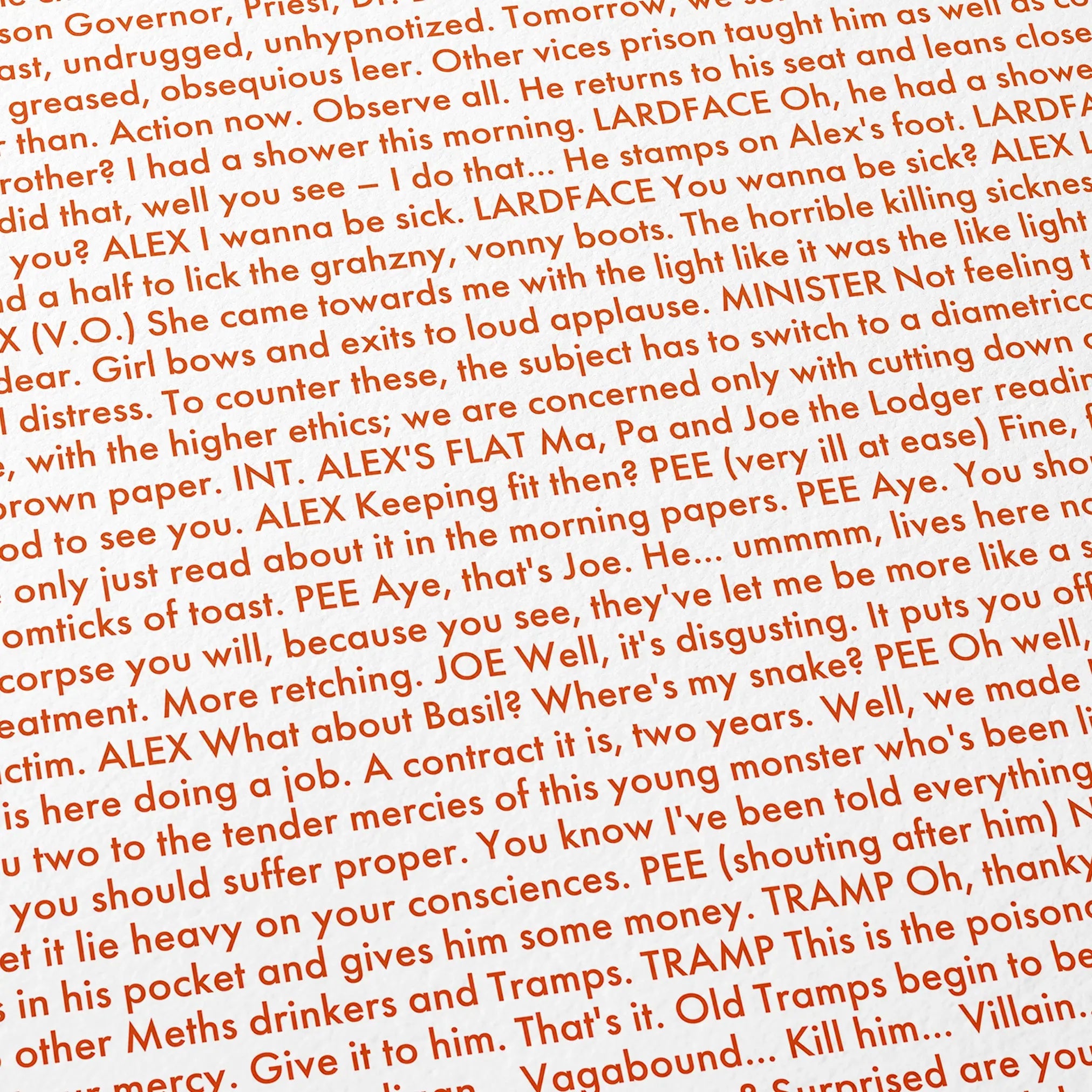 Close-up detail of the A Clockwork Orange movie script poster showing dense typographic text.