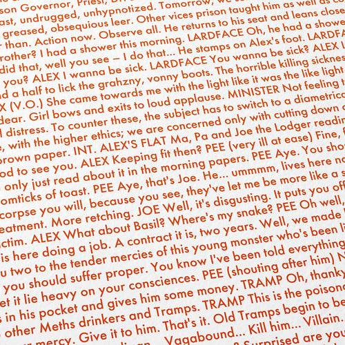 Close-up detail of the A Clockwork Orange movie script poster showing dense typographic text.